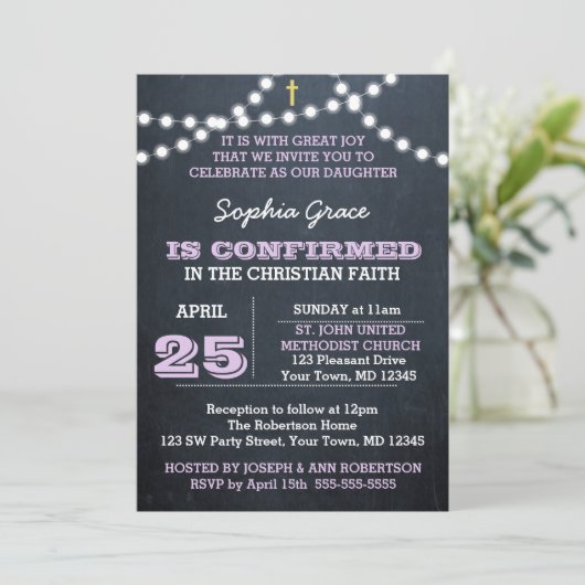 Chalkboard Lights Lilac-Bestätigung Einladung (Stehend Vorderseite)