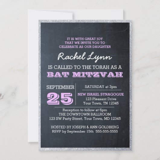 Chalkboard Lights Lilac Glitzer Border Bat Mitzvah Einladung (Vorderseite)