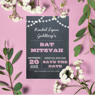 Chalkboard Lights Pink Bat Mitzvah Save the Date Ankündigungspostkarte
