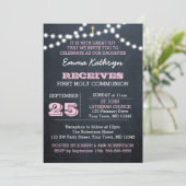 Chalkboard Lights Pink Erste Kommunionierung Einladung (Stehend Vorderseite)