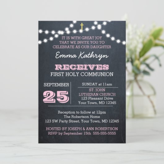 Chalkboard Lights Pink Erste Kommunionierung Einladung (Stehend Vorderseite)
