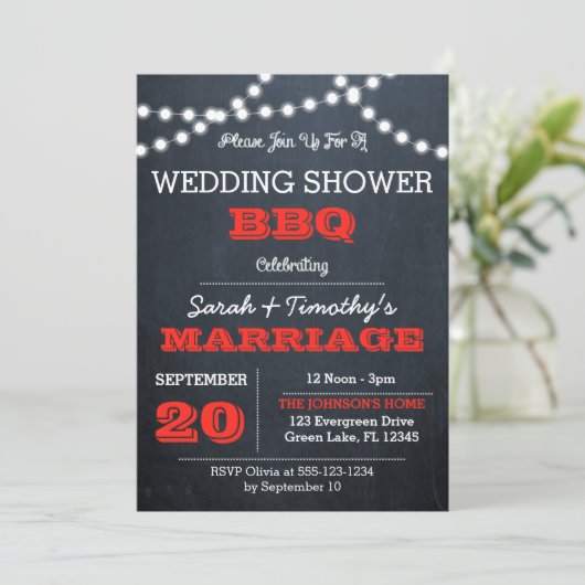 Chalkboard Lights Red Wedding Brautparty Einladung (Stehend Vorderseite)
