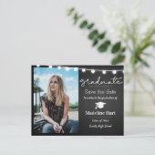 Chalkboard Lights Script Graduate | Save The Date Postkarte (Stehend Vorderseite)