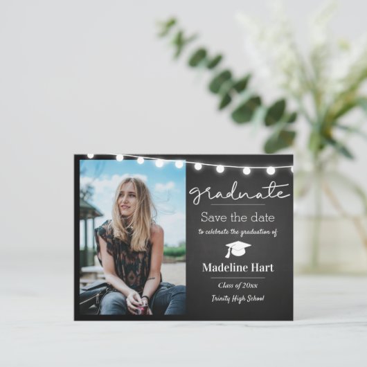 Chalkboard Lights Script Graduate | Save The Date Postkarte (Stehend Vorderseite)