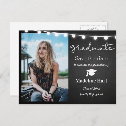Chalkboard Lights Script Graduate | Save The Date Postkarte (Vorne/Hinten)