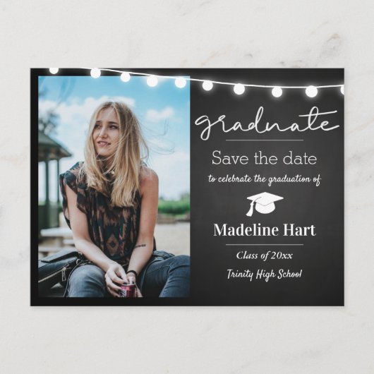 Chalkboard Lights Script Graduate | Save The Date Postkarte (Vorderseite)