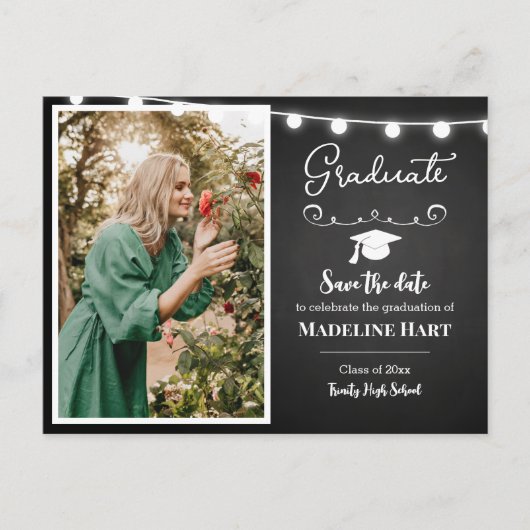 Chalkboard Lights Vintag Graduate | SAVE THE DATE Postkarte (Vorderseite)