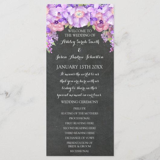 Chalkboard Lila Lavendel Floral Wedding Programm (Vorderseite)