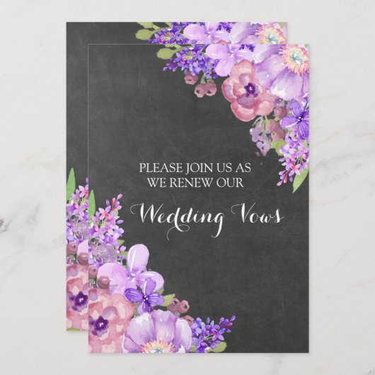 Chalkboard Lilac Purple Flowers Vow Renewal Einladung (Vorne/Hinten)