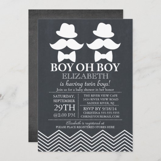 Chalkboard Little Man Mustache TWINS Kinderdusche Einladung (Vorne/Hinten)