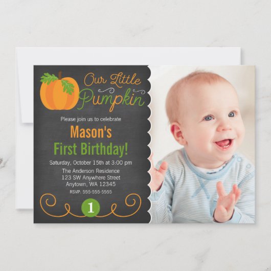 Chalkboard Little Pumpkin Green Orange Geburtstag Einladung (Vorderseite)