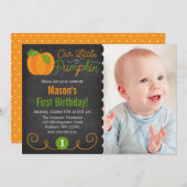 Chalkboard Little Pumpkin Green Orange Geburtstag Einladung (Vorne/Hinten)