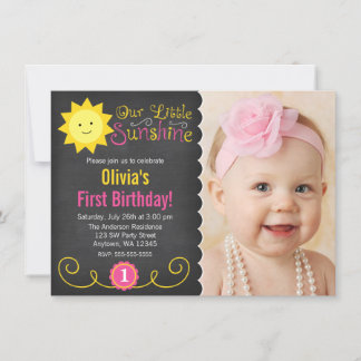 Chalkboard Little Sunshine Pink Yellow Birthday Einladung