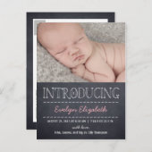 Chalkboard Look Birth Announcement - Pink Ankündigungspostkarte (Vorne/Hinten)