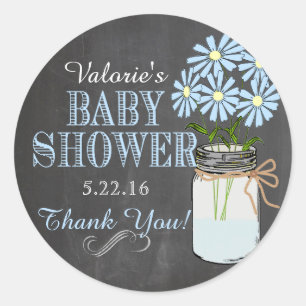 Chalkboard Look Mason Jar Blue Flowers Babydusche Runder Aufkleber