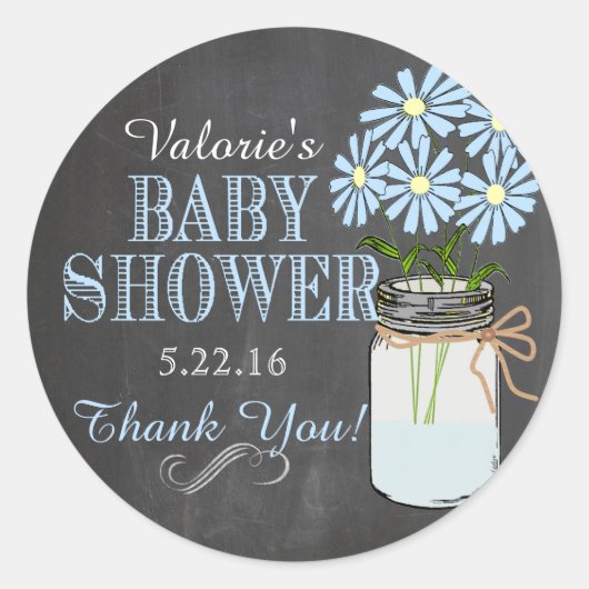 Chalkboard Look Mason Jar Blue Flowers Babydusche Runder Aufkleber (Vorderseite)