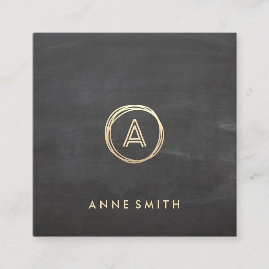Chalkboard Luxe Gold Circle Modern Monogram Quadratische Visitenkarte (Vorderseite)