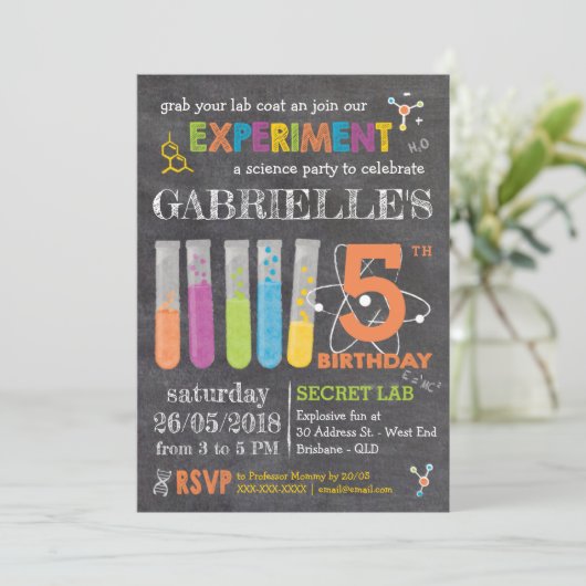 Chalkboard Mad Science Party Geburtstag Einladung (Stehend Vorderseite)