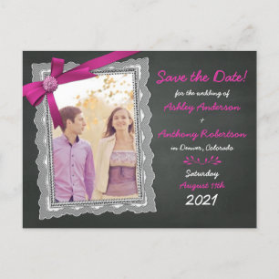 Chalkboard Magenta Bow Foto Hochzeit Speichern Sie Ankündigungspostkarte