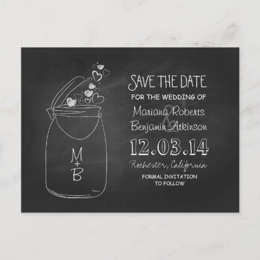 Chalkboard Mason Glas rustikal Save the Date schwa Ankündigungspostkarte (Vorderseite)