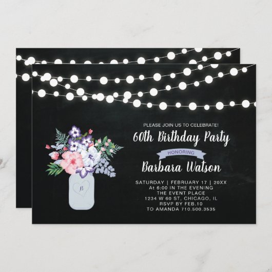 Chalkboard, Mason Jar 60. Geburtstag Einladung (Vorne/Hinten)