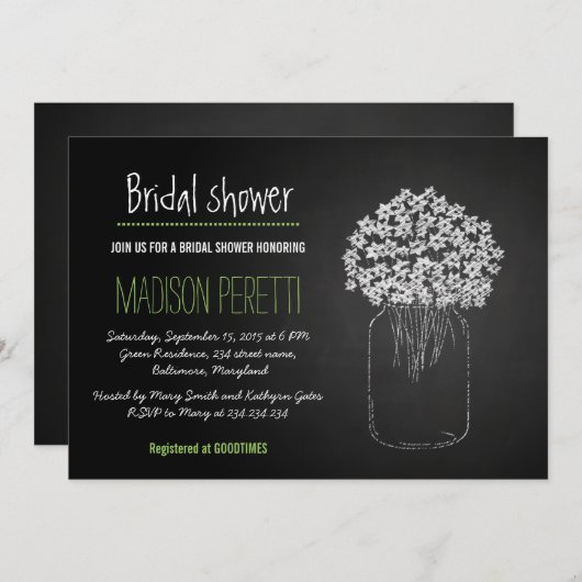 Chalkboard Mason Jar Blume Brautparty Einladung (Vorne/Hinten)