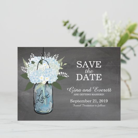 Chalkboard Mason Jar Hydrangeas | SAVE THE DATE (Stehend Vorderseite)