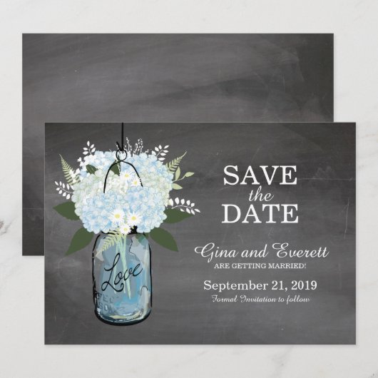 Chalkboard Mason Jar Hydrangeas | SAVE THE DATE (Vorne/Hinten)