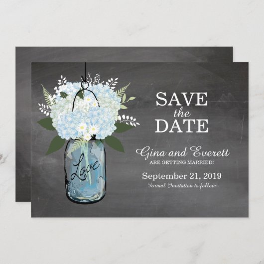 Chalkboard Mason Jar Hydrangeas | SAVE THE DATE (Vorne/Hinten)