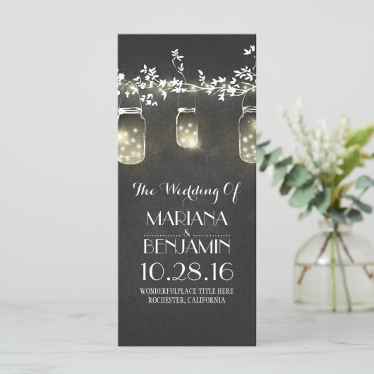 Chalkboard Mason Jar Lichter Hochzeitsfeier Programm (Stehend Vorderseite)