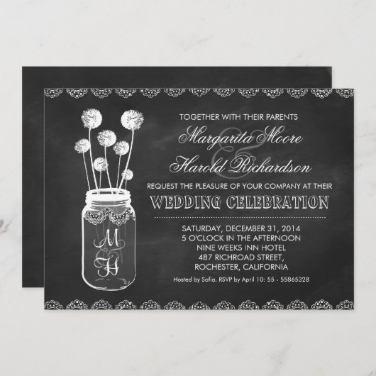 Chalkboard Mason Jar Lüster Einladung Hochzeit (Vorne/Hinten)