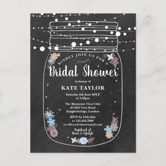 Chalkboard Mason Jar String Lights Brautparty Ankündigungspostkarte (Vorderseite)