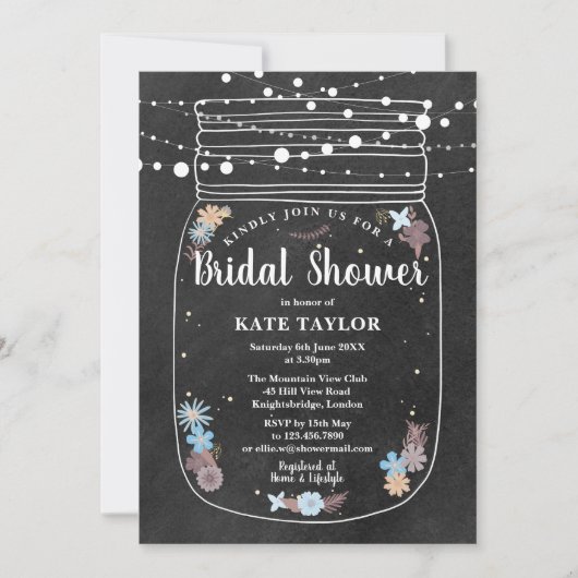 Chalkboard Mason Jar String Lights Brautparty Einladung (Vorderseite)