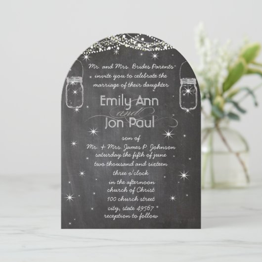 ChalkBoard Mason Jar Wedding Stars Garland Einladung (Stehend Vorderseite)