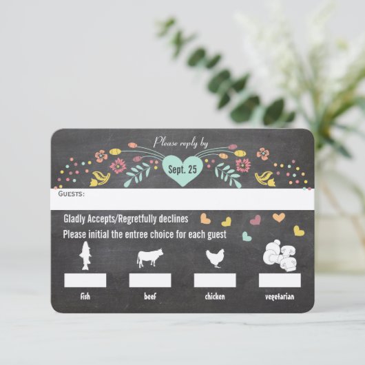 Chalkboard Menü Auswahl Blumenhörer Hochzeit RSVP (Stehend Vorderseite)