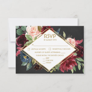Chalkboard Merlot Blue Gold Floral Bouquet RSVP Karte