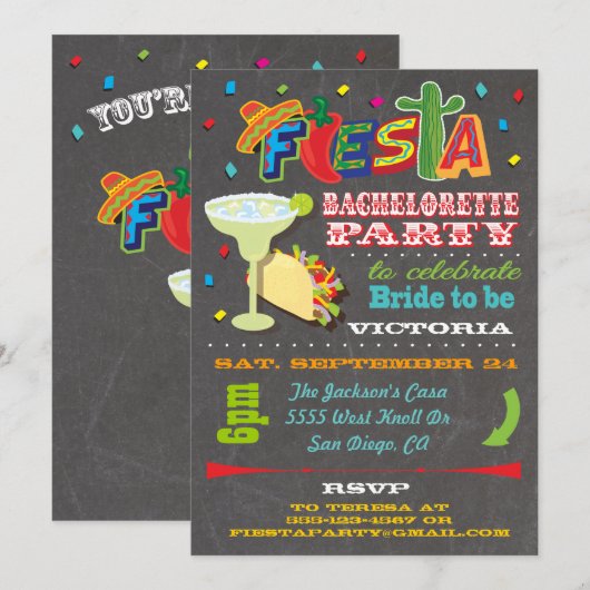 Chalkboard Mexican Fiesta Junggeselinnen-Abschied Einladung (Vorne/Hinten)