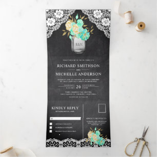 Chalkboard Mint floral Mason Jar Lace Wedding Dreifach Gefaltete Einladung