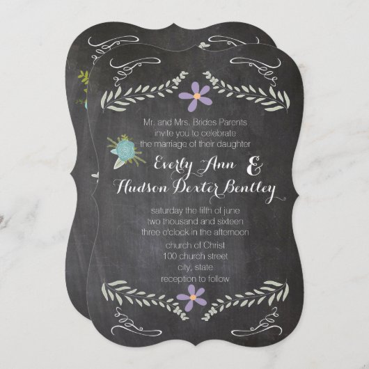 Chalkboard Mint Lilac Aqua Blumengarten Hochzeit Einladung (Vorne/Hinten)