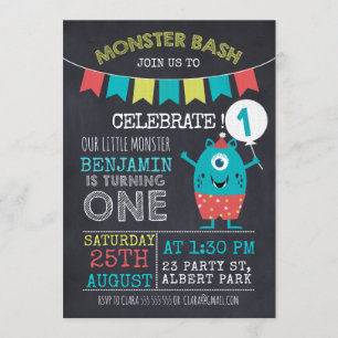 Chalkboard Monster 1sr Geburtstag Einladung