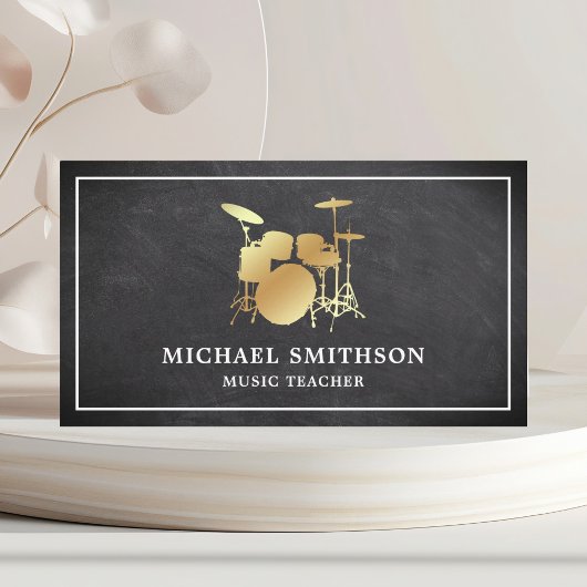 Chalkboard Music Teacher Gold Drum Kit Drummer Visitenkarte