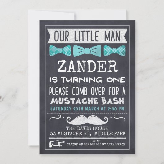 Chalkboard Mustache 1. Geburtstag Einladung (Vorderseite)