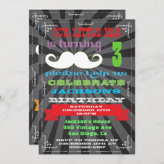 Chalkboard Mustache Geburtstagsparty Einladungen (Vorne/Hinten)