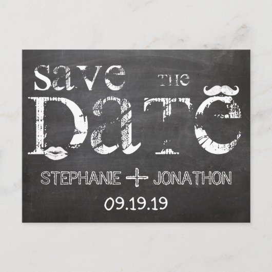 Chalkboard Mustache Lippen Save the Date Vintag Ankündigungspostkarte (Vorderseite)