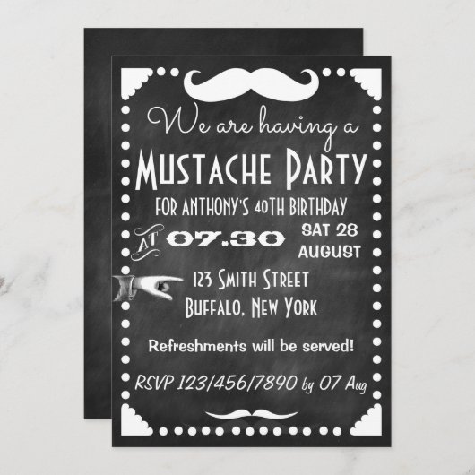 Chalkboard Mustache Party Einladung (Vorne/Hinten)