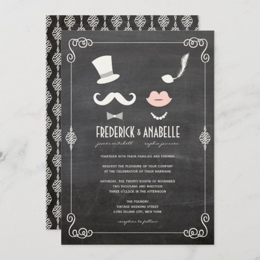 Chalkboard Mustache und Lippen Vintage schicke Hoc Einladung (Vorne/Hinten)