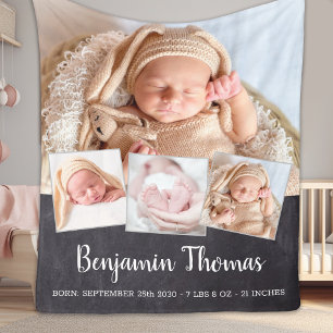 Chalkboard New Baby Personalisiert 4 Foto Collage Fleecedecke