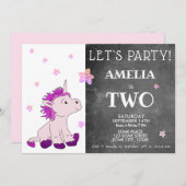 Chalkboard Niedlich rosa Einhorn 2. Geburtstag Einladung (Vorne/Hinten)
