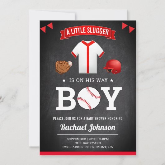 Chalkboard Niedlich Sports Boy Baseball Babydusche Einladung (Vorderseite)