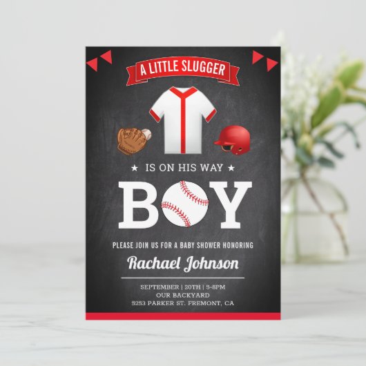 Chalkboard Niedlich Sports Boy Baseball Babydusche Einladung (Stehend Vorderseite)